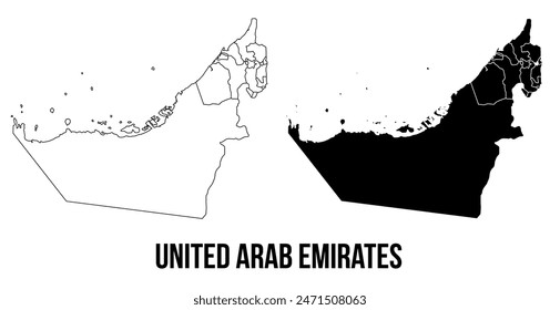 United Arab Emirates map of country regions districts vector black on white and outline	