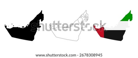 United Arab Emirates map. Country silhouette with solid, dashed and colored UAE flag map vector illustration. National shape and border sign. Arabian Gulf location symbol. Middle East pictogram.