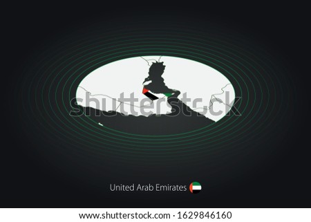 United Arab Emirates map in dark color, oval map with neighboring countries. Vector map and flag of UAE