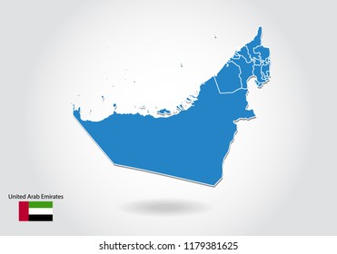 United Arab Emirates map design with 3D style. Blue UAE map and National flag. Simple vector map with contour, shape, outline, on white.