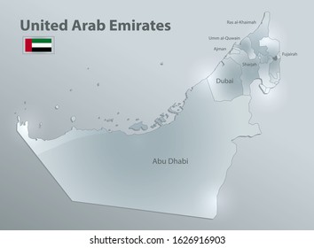United Arab Emirates map with flag, administrative division and names region, design glass card 3D vector