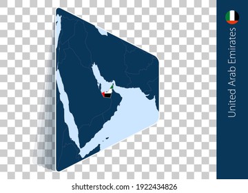 Mapa y bandera de los Emiratos Árabes Unidos sobre fondo transparente. Se destacó a los Emiratos Árabes Unidos en el mapa del vector azul.