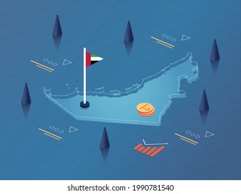 United Arab Emirates Map, Flag and Currency Modern Isometric Business and Economy Vector Illustration Design