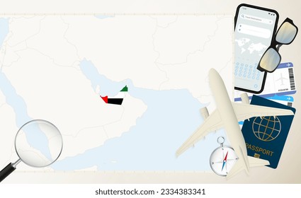 United Arab Emirates map and flag, cargo plane on the detailed map of United Arab Emirates with flag, passport, magnifying glass and airplane. Vector template.