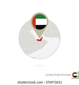 United Arab Emirates map and flag in circle. Map of UAE, UAE flag pin. Map of UAE in the style of the globe. Vector Illustration.