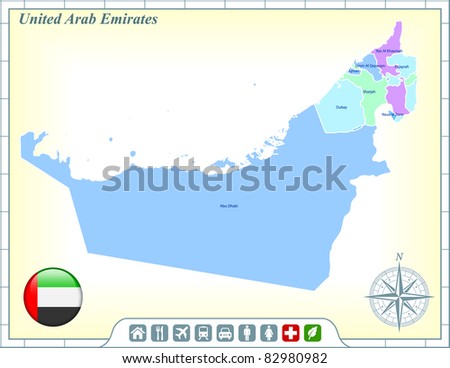 United Arab Emirates Map with Flag Buttons and Assistance & Activates Icons Original Illustration