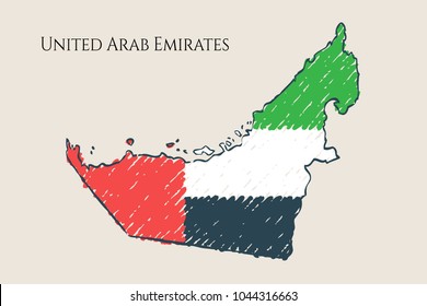 United Arab Emirates Map hand drawn sketch. UAE vector concept illustration flag, children's drawing.