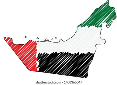 United Arab Emirates map hand drawn sketch. Vector concept illustration flag, childrens drawing, scribble map. Country map for infographic, brochures and presentations isolated on white background.