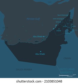 United Arab Emirates map. High detailed map of United Arab Emirates with countries, borders, cities, water objects. Vector illustration eps10