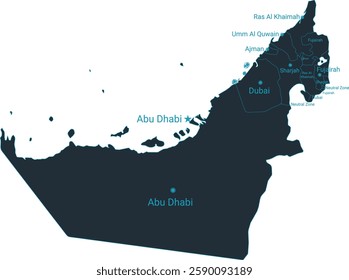 United Arab Emirates map high detailed with administrative divide by state, capital cities names, outline simplicity style. Vector illustration EPS10.