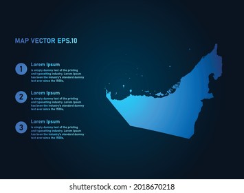 United Arab Emirates map, infographic style , on dark background with Map World. Wire frame 3D mesh , map 3D,