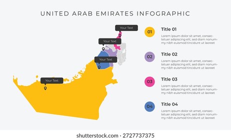 Infografik-Vorlage für die Karte der Vereinigten Arabischen Emirate mit 4 Optionen. Verwaltungskarte der Vereinigten Arabischen Emirate für die Präsentation.