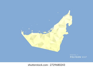 Mapa de Emiratos Árabes Unidos en estilo de Vector de polígono bajo, ilustración de forma geométrica con tonos amarillos suaves sobre fondo azul, silueta limpia para infografía.