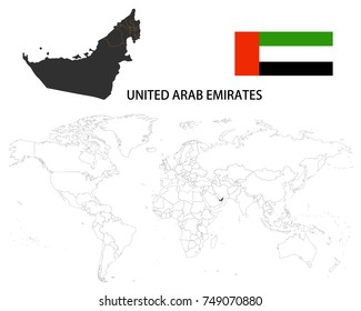 United Arab Emirates map on a world map with flag on white background.
