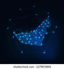 United Arab Emirates map outline with stars and lines abstract framework. Communication, connection concept.Modern futuristic low polygonal, wireframe, lines and dots design. Vector illustration. 