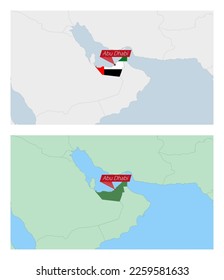 United Arab Emirates map with pin of country capital. Two types of United Arab Emirates map with neighboring countries. Vector template.