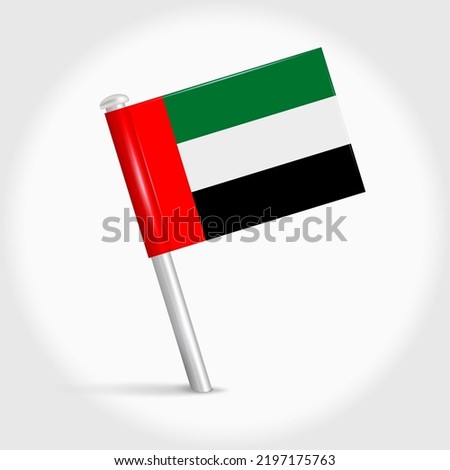 United Arab Emirates map pin flag icon. UAE pennant map marker on a metal needle. 3D realistic vector illustration.
