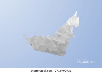 Mapa de los Emiratos Árabes Unidos - Ilustración vectorial de estilo polígono en tonos grises, blancos y azules, diseño geométrico de baja poli, silueta mínima, adecuada para infografía y diseño moderno.