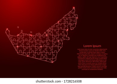 United Arab Emirates map from red pattern from composed puzzles and glowing space stars. Vector illustration.