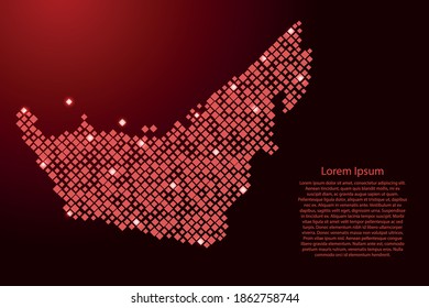 United Arab Emirates map from red pattern rhombuses of different sizes and glowing space stars grid. Vector illustration.