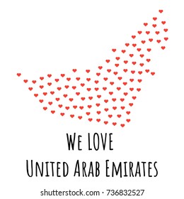 United Arab Emirates Map with red hearts- symbol of love. abstract background with text We Love United Arab Emirates. vector illustration. Print for t-shirt
