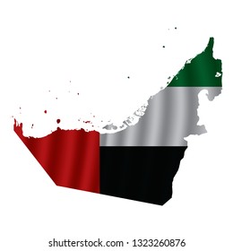 United Arab Emirates map with rippled flag on white illustration. Waving Fabric Flag Map of United Arab Emirates. Map of Asia. Vector White Background. Vector illustration eps10.