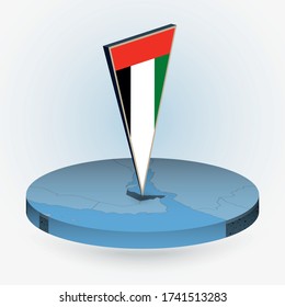 United Arab Emirates map in round isometric style with triangular 3D flag of UAE, vector map in blue color. 