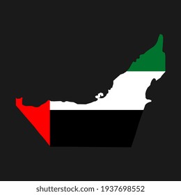 Silueta de mapa de los Emiratos Árabes Unidos con bandera sobre fondo negro