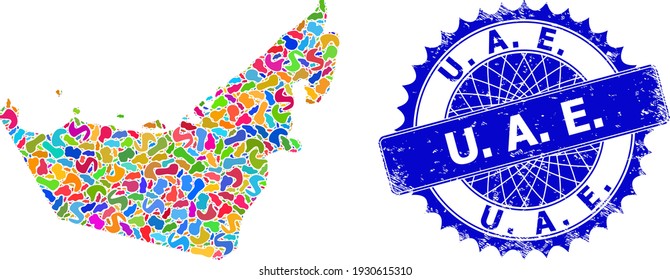 United Arab Emirates map template. Blot collage and rubber seal for United Arab Emirates map. Sharp rosette blue stamp seal with text for United Arab Emirates map.