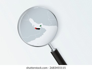 United Arab Emirates Map Under Magnifying Glass with National Flag Overlay. The image represents geographical focus, national identity, and exploration.