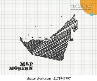 United Arab Emirates map of vector black silhouette chaotic hand drawn scribble sketch on grid paper used for notes or decoration.