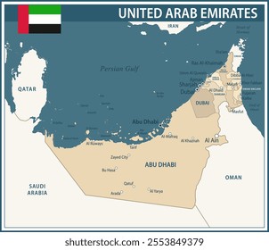 United Arab Emirates Map Vector Vintage Dark Blue Beige - Customizable layered political map of UAE with administrative divisions for website, education, reports, news, politics, print, poster and wal