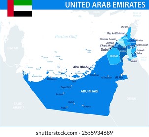 United Arab Emirates Map Vector Blue Spot - Customizable layered political map of UAE with administrative divisions for website, education, reports, news, politics, print, poster and wallpaper