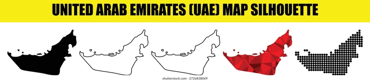 United arab emirates map vector illustration, isolated on transparent background. collection of uae map silhouette black, white and outline for map design, website, infographic.
