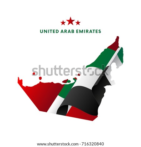 United Arab Emirates map with waving flag. Vector illustration.