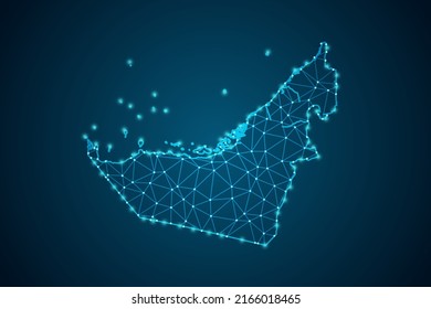 Mapa de los Emiratos Árabes Unidos - Línea de máscaras del Mapa Mundial y escalas de puntos sobre fondo de tecnología azul. Malla 3D del marco de cables línea de red poligonal, esfera de diseño, punto y estructura - Ilustración vectorial eps 10