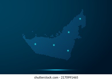 United Arab Emirates Map - World Map vector template with dots, grid, grunge, halftone style and light, network line, design sphere on blue technology background -  Vector illustration eps 10