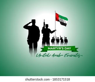 Martyr-Tag des Vereinigten Arabischen Emirats, Vektorgrafik-Design mit Soldaten-Silhouetten, 1. Dezember, mit Flagge auf patriotischem Hintergrund 