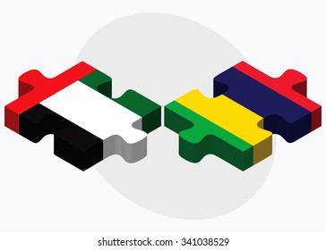 United Arab Emirates and Mauritius Flags in puzzle isolated on white background