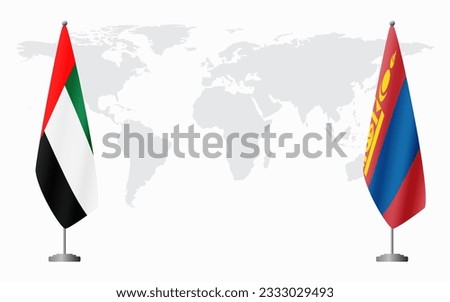 United Arab Emirates and Mongolia flags for official meeting against background of world map.
