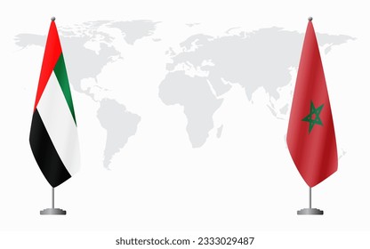 United Arab Emirates and Morocco flags for official meeting against background of world map.