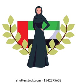 united arab emirates national day - arab woman with flag emblem vector illustration