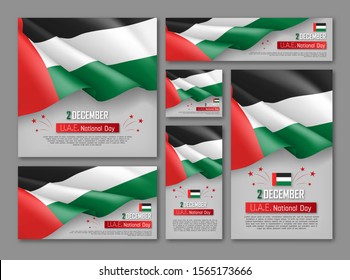 United Arab Emirates national day celebration posters set. 2th of December felicitation greeting vector illustration. Realistic backgrounds with fluttering flag. Arab Emirates traditional holiday.