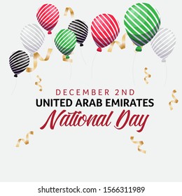 United Arab Emirates national day, spirit of the union, Written December 2nd United Arab Emirates National Day, Green, red, black and white balloons, Anniversary Celebration Card, UAE Independence Day