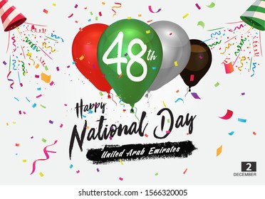 United Arab Emirates national day, spirit of the union, Handwriting Happy National Day UAE 48th on balloon, UAE flag colors balloon and confetti, Card 2 December, UAE Independence Day svg