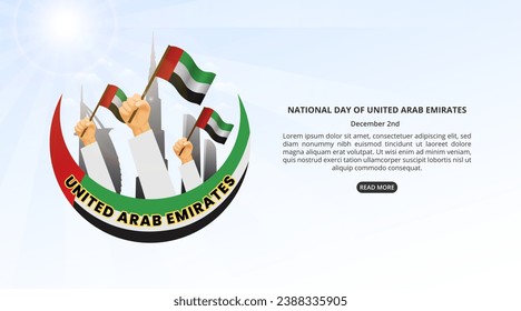 United Arab Emirates National Day background with waving flags and silhouette buildings