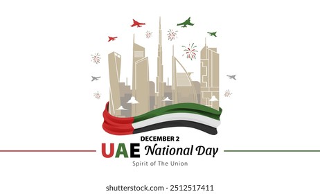 Banner do Dia Nacional dos Emirados Árabes Unidos Dubai City Wrapped by Flag Illustration Concept (Embrulhado pelo conceito de ilustração da bandeira)