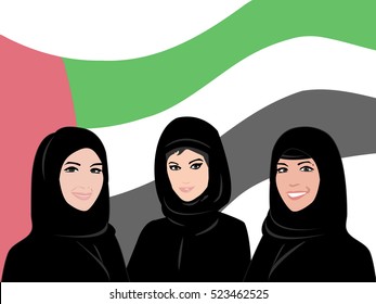 United Arab Emirates National Day - Arab women with United Arab Emirates flag in the background