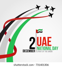 United Arab Emirates national day background design with colorful smoke from jet plane. UAE holiday celebration background. Spirit of the union concept.