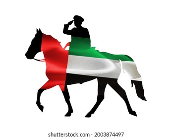 United Arab Emirates national flag pinned on stallion horse and officer silhouette